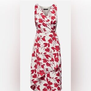 Banana Republic Dress Red and White Floral Leaf Faux Crossover  Size 4 NWT